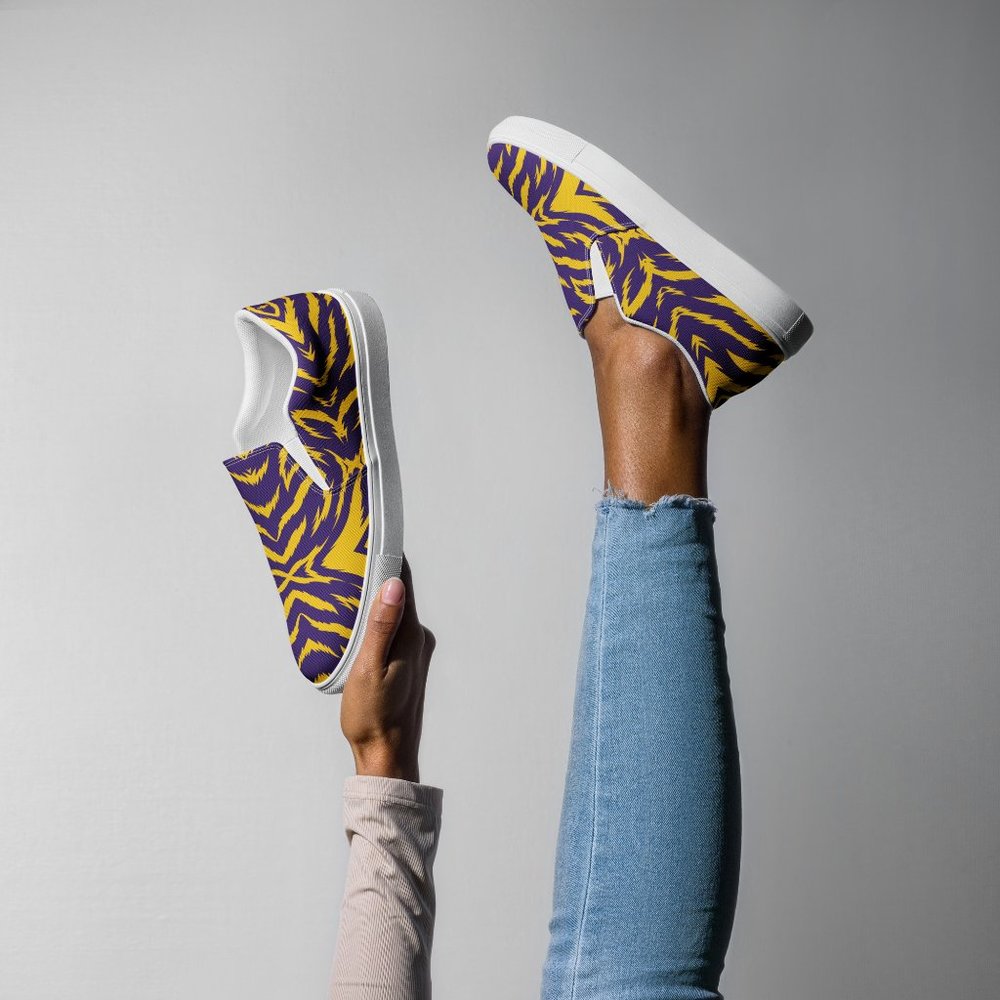 NEW Purple Gold Tiger Stripes Game Day Womens Comfy Slip On Shoes - Picture 9 of 16